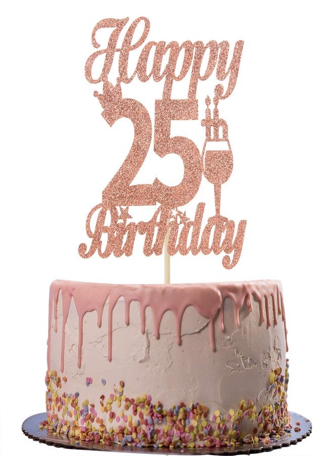 فيستيكو زينة كعكة عيد الميلاد الخامس والعشرين من فيستيكو®، لون ذهبي وردي لامع - زينة كعكة "25 عامًا من السعادة" - لوازم تزيين حفلات عيد الميلاد الخامس والعشرين/الذكرى السنوية - Image 1